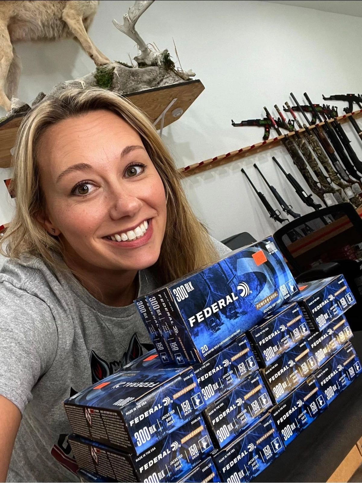 Federal .300 Blackout rifle ammunition stacked in the Lady Grey Armament shop